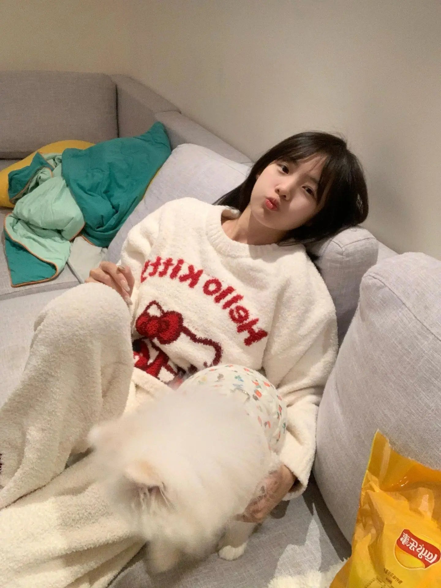 Kawaii Hello Kitty Pajamas Girl Sanrio Long-Sleeved Loungewear Sweet Young Student Girl  Warm Home Clothes Sleepwear Set.