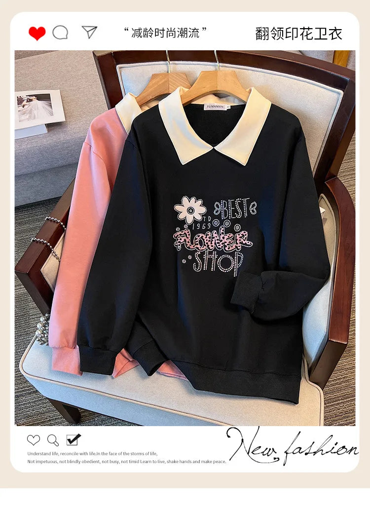 175kg plus size Damen büste Frühling Herbst lose Kragen bedruckt Langarm Sweatshirt schwarz rosa 4xl 5xl 6xl 7xl 8xl 9xl.