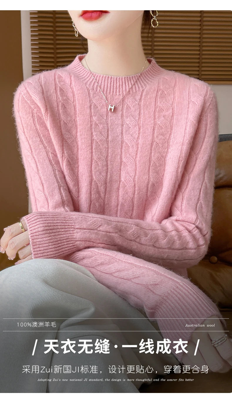 Frauen 100% Merino Wolle Verdickung Pullover Oansatz Gestrickte Twisted Pullover Herbst Winter Kaschmir Langarm Kleidung Basis Tops.