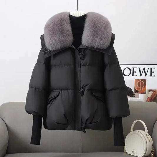 2025 Winter Neue Unten Kurze Gepolsterte Jacke Frauen Parkas Pelz Kragen Dicke Baumwolle Mäntel Kleidung Schwarz Casual Oberbekleidung Weibliche neue.