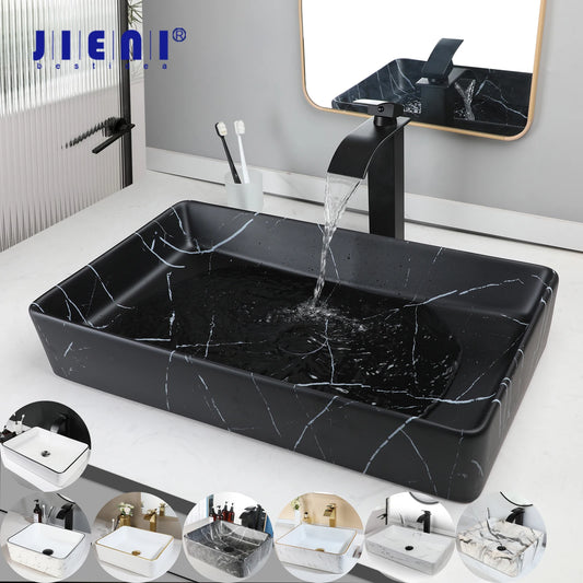 JIENI Keramik-Badezimmer-Waschbecken-Set, quadratisch, Porzellan, Arbeitsplatte, Waschbecken, Wasserhahn, Pop-Up-Abfluss, kombiniertes modernes Waschbecken-Set