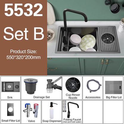 ASRAS Nano Black Small Size Kitchen Sink Cup Washer Hidden Bar Counter Cover Concealed Single Bowl Sinks With Lifting Faucet