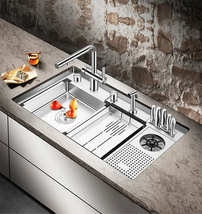 Large Size Nano Meter Cup Rinser Stepped Kitchen Sink 304 Stainless Steel 4mm Thickness Handmade Sinks With Knife Holder