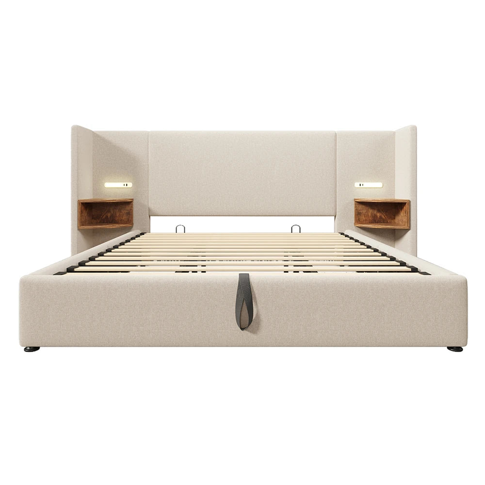 KOMHTOM Polsterbett mit Nachttisch, Leselampe und USB Type-C Ladefunktion, Leinen (Ohne Matratze)