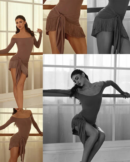 ZYM Off Shoulder Latin Dance Dress Women Long Sleeves Fringe Dress Adult Rumba Dance Practice Wear Performance Clothing DNV22221.