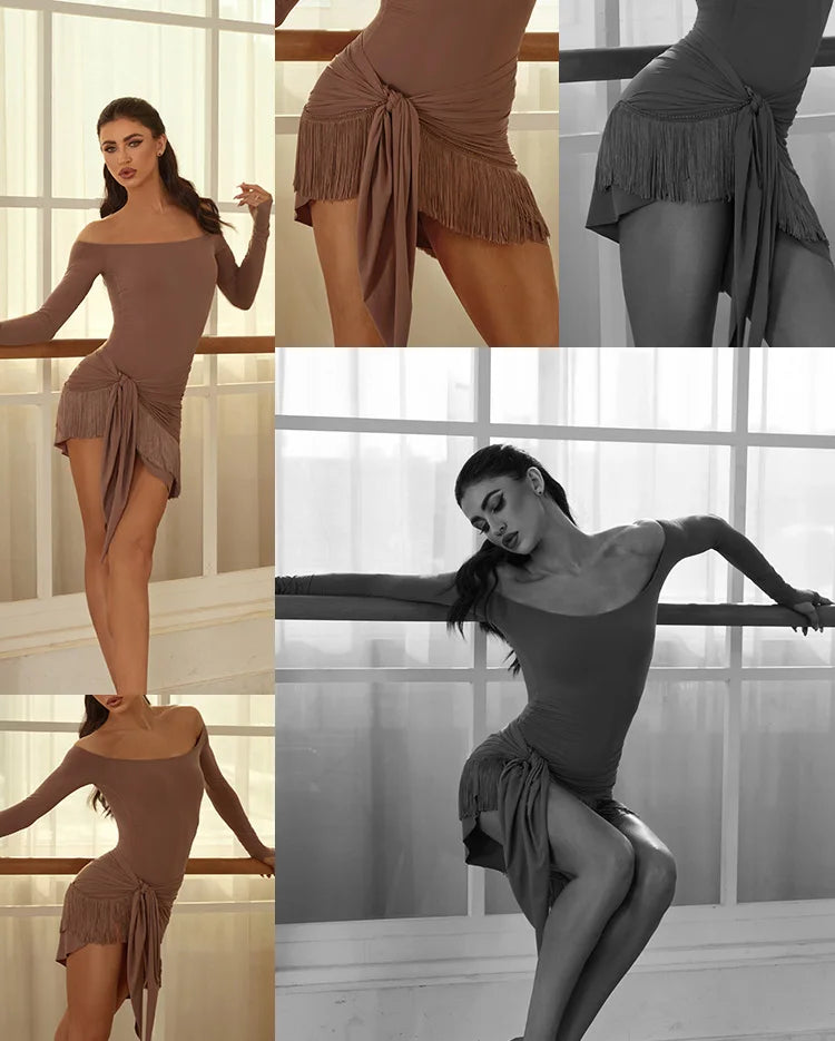 Off Shoulder Latin Dance Tops Fringe Skirt Women ZYM Latin Dance Clothes Competition Dress Club Rumba Samba Practice Wear V22221.