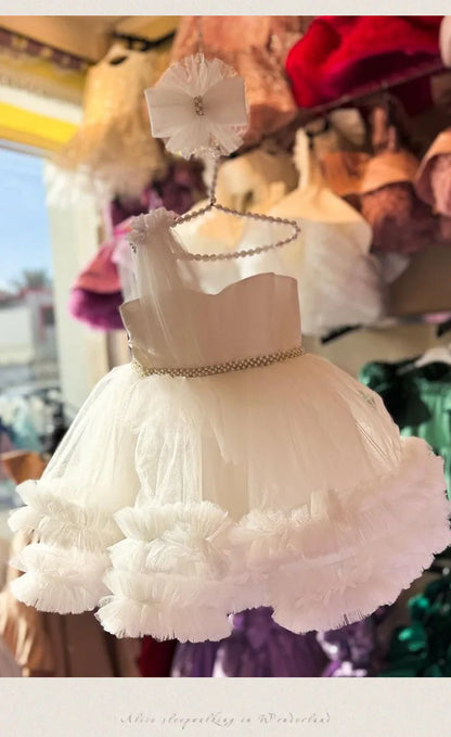 Formales Kleid für Kinder2025Neues weißes ärmelloses Prinzessinnenkleid im europäischen und amerikanischen Stil für Performance-Kostüme für kleine Mädchen