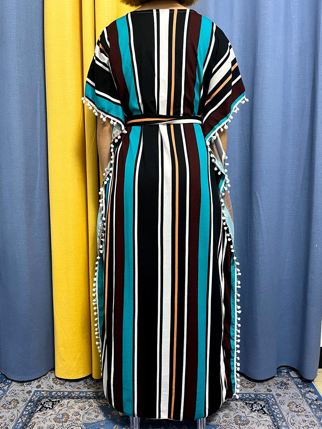 Abayas For Women 2024 Printed Vertical Stripe Tassels Elasticity Loose Fit Femme Robe African Woman Dresses With Belt Headscarf.