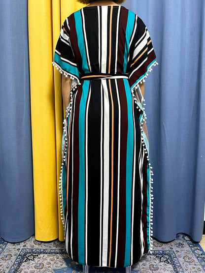Abayas For Women 2024 Printed Vertical Stripe Tassels Elasticity Loose Fit Femme Robe African Woman Dresses With Belt Headscarf.
