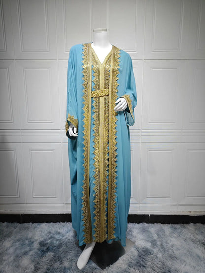 Eid Frauen Abaya Kleid Muslim 2-teiliges Set Strickjacke mit Innenkleid Schnürmantel Kaftan Robe Jalabiya Ramadan Marokko Kaftan 2025