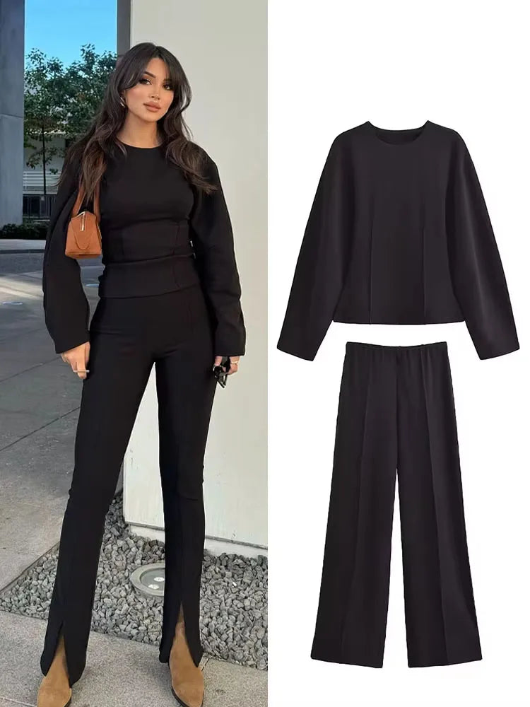 HH Women's 2-Piece Set Fashion Slimming Double-Sided Fabric Round Neck Long-Sleeve Top+Elegant Stretch Casual Wide Leg Pants.
