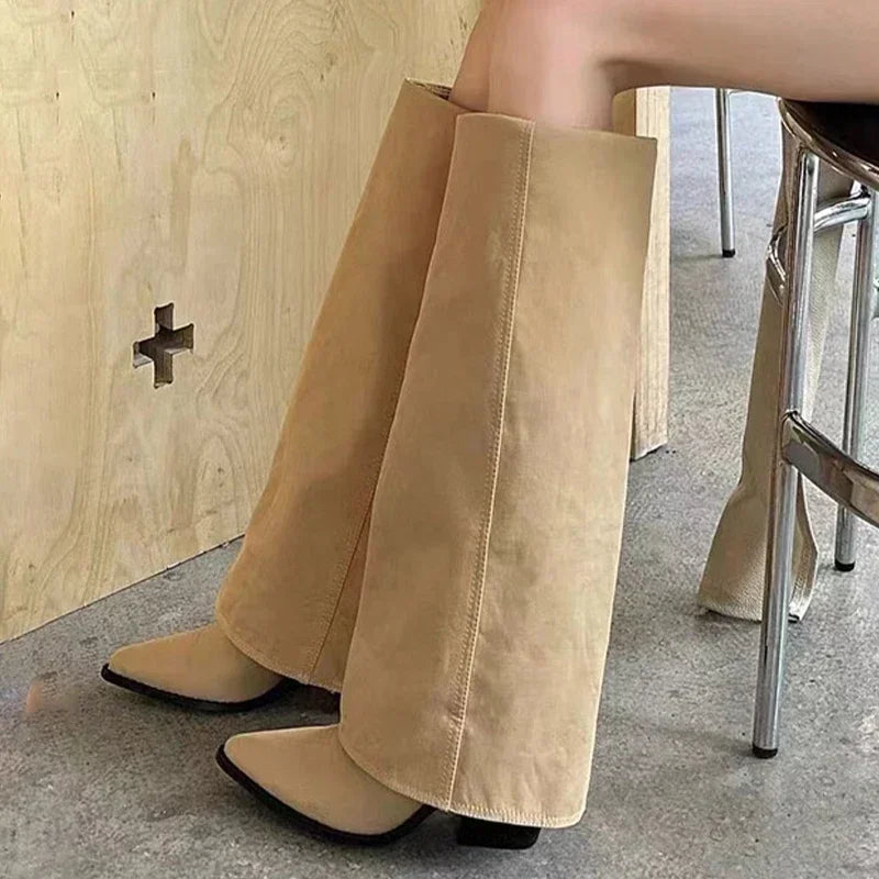 Knee High Heels Women Boots Leather Chunky Fashion Shoes Pointed Toe Snow Long Boots New Designer Pumps Punk Chelsea Botas Mujer.