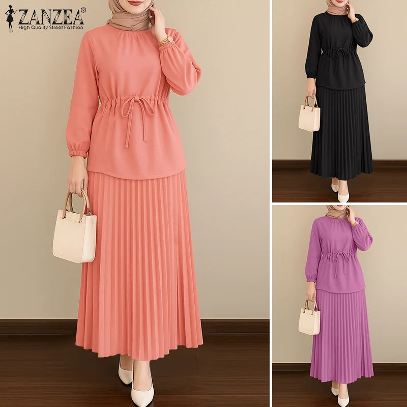 ZANZEA Elegant Women Autumn 2 Piece Sets Muslim Tracksuits Fashion Long Sleeve Tops Pleated Maxi Skirts Suit 2PCS Work Outfits.