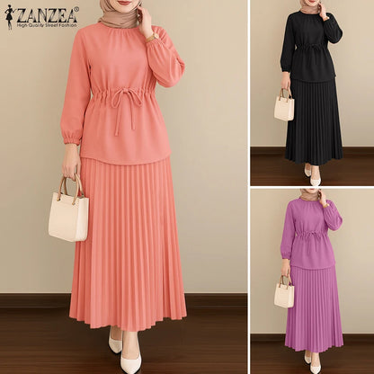 ZANZEA Elegant Women Autumn 2 Piece Sets Muslim Tracksuits Fashion Long Sleeve Tops Pleated Maxi Skirts Suit 2PCS Work Outfits.