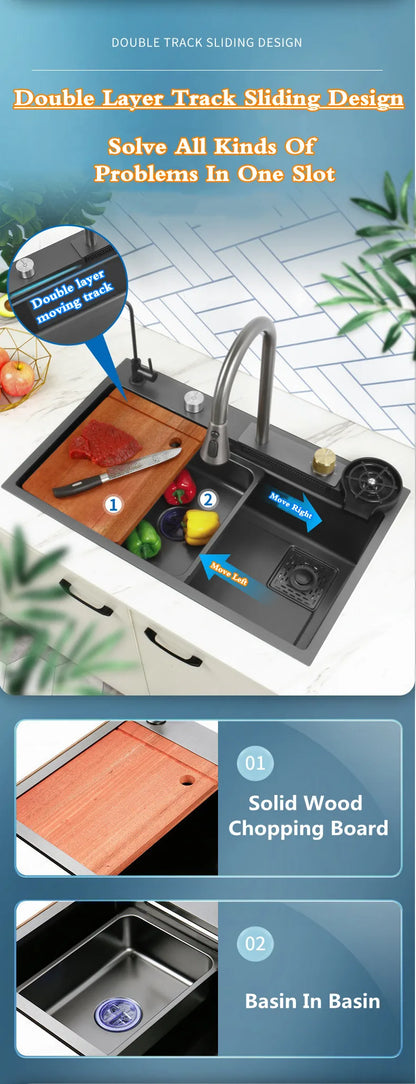 Wasserfall-Küchenspüle aus Edelstahl 304, Zughahn, Einzelschlitz, Hochdruckbecher, Waschmaschine, Café, Weinbar, Waschbecken