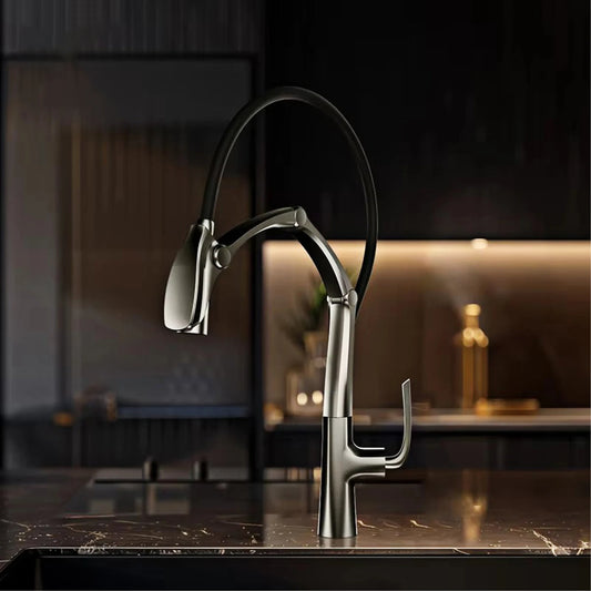 AITANA Gun Grey Luxury Brass LED Display Kitchen Faucet，Touchless Sensor，Pull-Out 3-Function Spray Water-Saving SinK Mixer