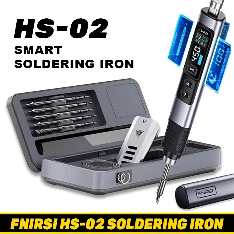 FNIRSI HS 02 Smart Soldering Iron Automatic Sleep 100-450℃ Temperature Rapid Heating PCB Soldering Station Portable Toolbox Kit.