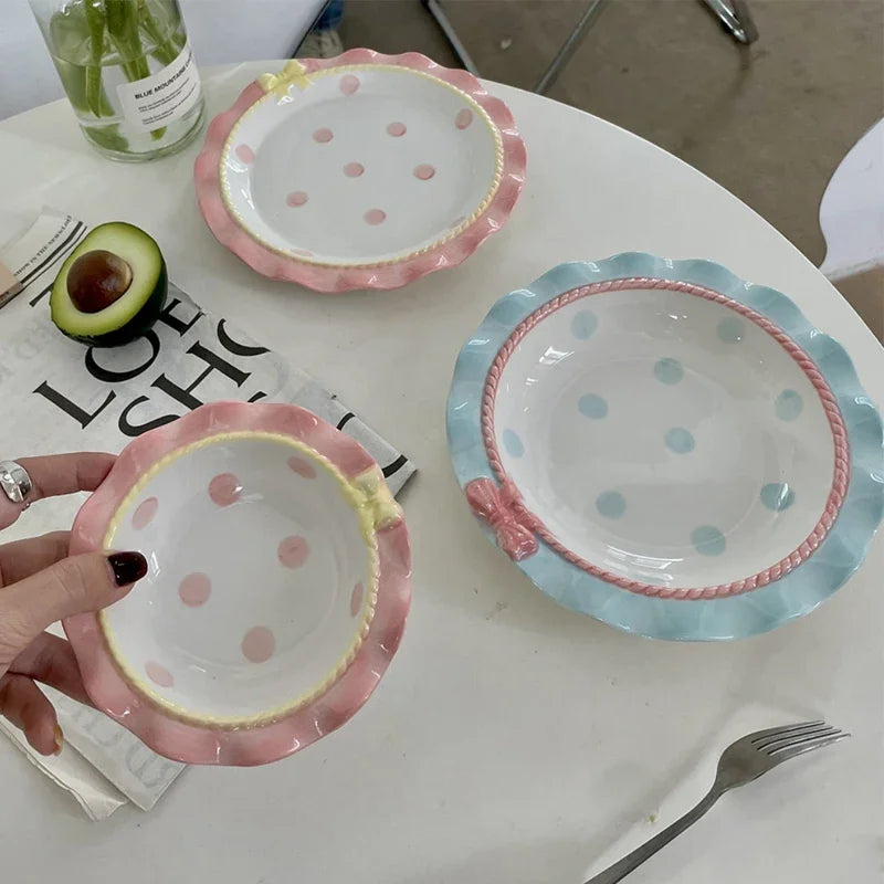 Cartoon Pink Ceramic Dinner Plate with Bow Knot, Household Dish, High Temperature Resistant, Deep Dish, Kitchen Tableware Set.