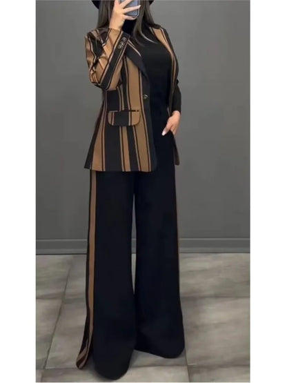 Women Striped Print Suits+pants Two Piece Sets Autumn Winter Casual Wide Leg Pants Sets Office Ladies Elegant Coats Outfits.