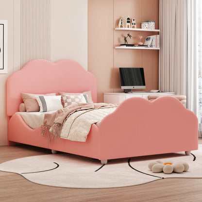 Kinderbett 90 x 200 cm hohes Geländer, Kinderbettgestell mit wolkenförmigem Kopf und Fußteil, Bett aus hautfreundlichem Samt