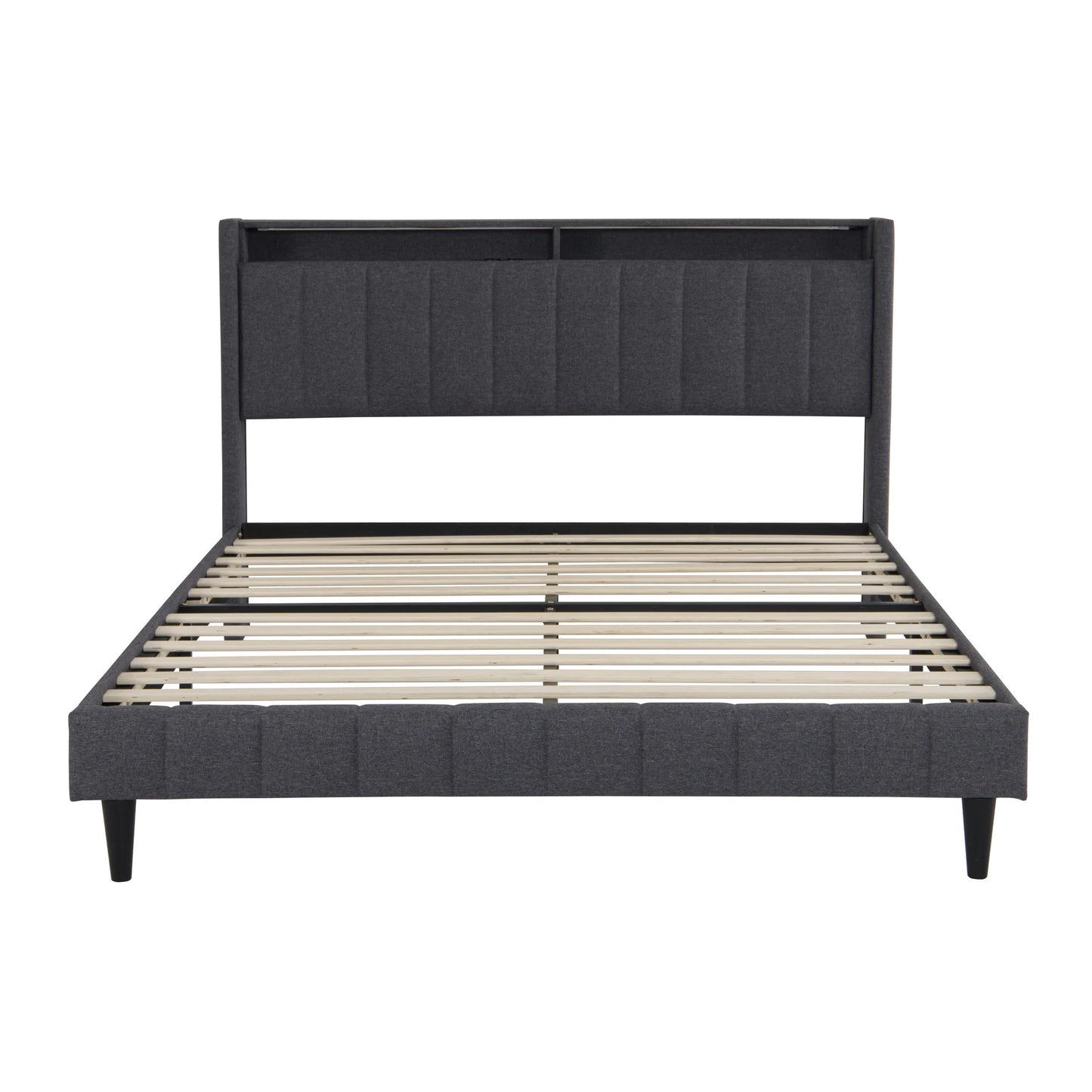 Lazyspace gepolstertes Doppelbett, Bettgestell 160/140 x 200 cm, Kopfteil mit Stauraum, USB-Aufladung und LED-Licht, keine Matratze