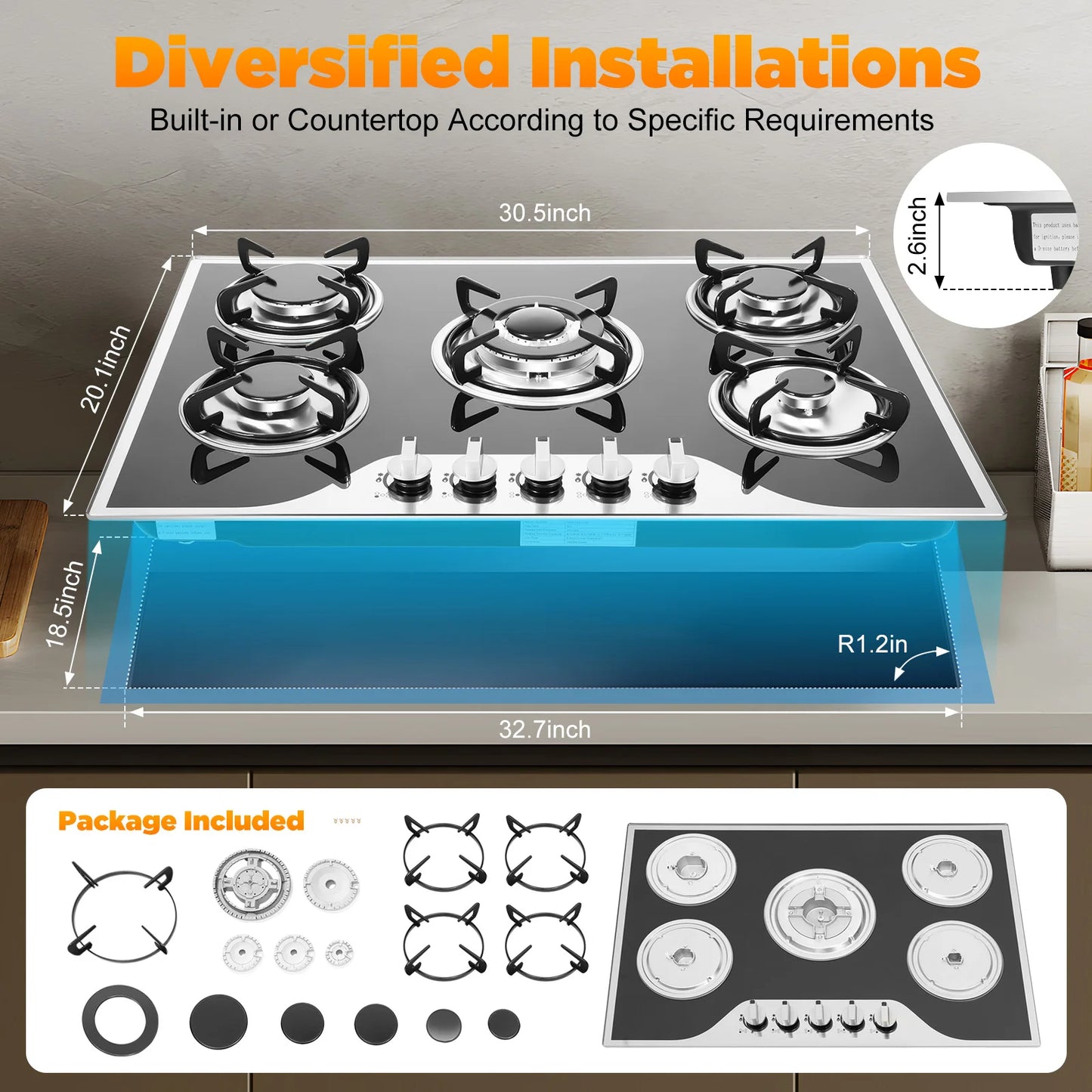 ﻿ ﻿ 5 Burner Gas Stove Glass 5-Burner Gas Hob Cooktop Hob LPG/NG for Home Commercial Kitchen.