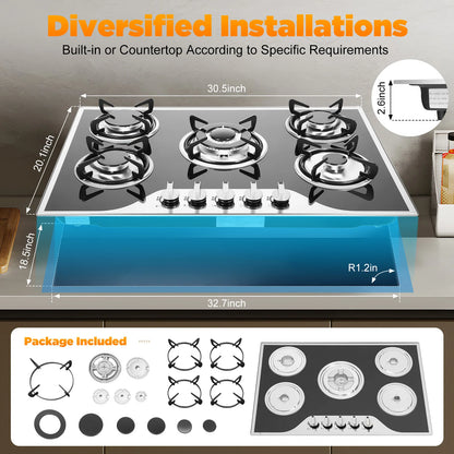 ﻿ ﻿ 5 Burner Gas Stove Glass 5-Burner Gas Hob Cooktop Hob LPG/NG for Home Commercial Kitchen.