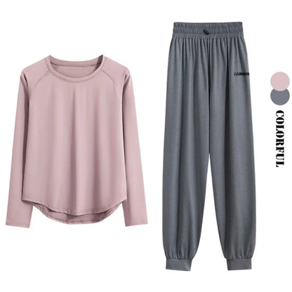 DRUR 2pcs Running Set Women Tracksuit Lightweight Loose Long Sleeve Sport Shirt Pants Sets 2 Piece Sportswear Outfit Gym Clothes