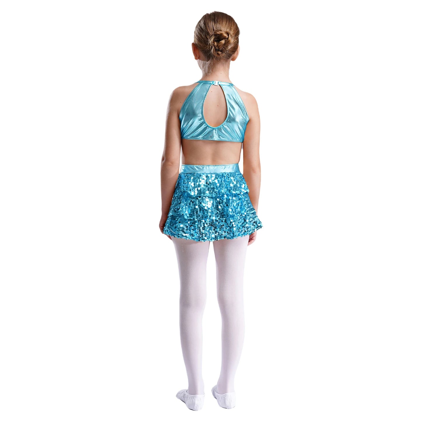 Kinder Mädchen Pailletten Jazz Ballett Tanzkleid Ärmellos Ausschnitt Tiered Rüschen Trikot Salsa Samba Rumba Skating Performance Kostüm.