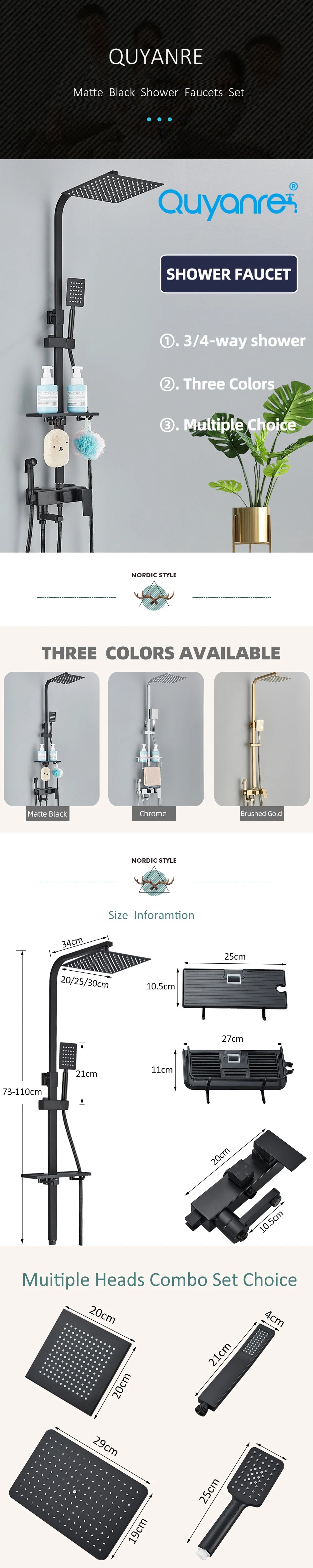 Black Chrome 3/4-way Shower Faucet Rainfall Shower Hot Cold Water Mixer Bidet Faucet Commodity Shelf For Bathroom Shower Mixer