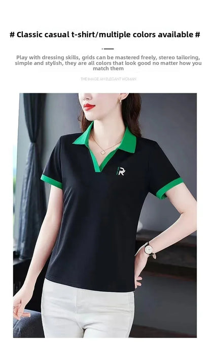 Loose Fit Casual Short Sleeve Turn-down Collar T-shirt for Middle-aged Women Summer New Style plus Size Sportswear Top.
