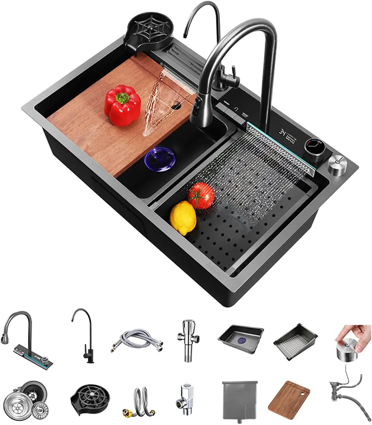 Küche Nano 304 Edelstahl Digitale Umgebungslichtspüle, Wasserfall Regenprägung Große Einzelspüle mit Messerhalter