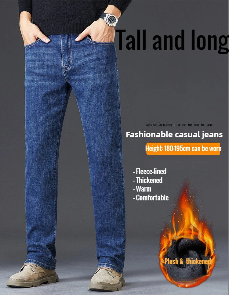 Tall Men Denim Pants Fleece Thick Warm Winter Stretch Jean Male Extra Long Length Leg Trouser 115cm 190cm Black Skinny Thin Slim.