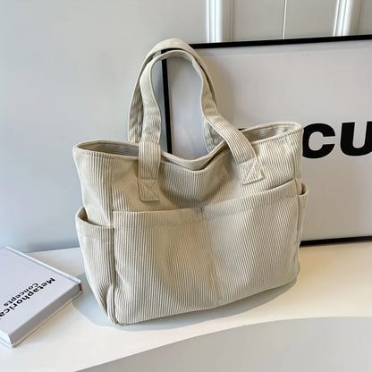 Women's Casual Corduroy Tote Bag Striped Shoulder Bag with Fixed Straps Zipper Large Capacity Handbag for Daily Outings and Shop.