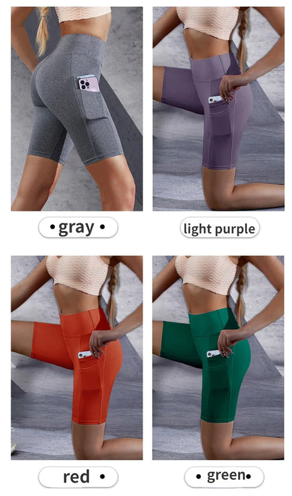 Double Pocket Sports Shorts Women Elastic Slim Shorts Gym Exercise Running High Waist Shorts Summer Yoga Casual Shorts for Women.