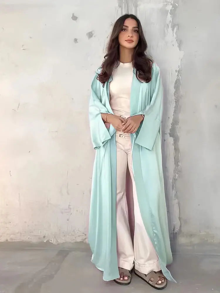 Girl Muslim Palestine Kaftan Dress Open Satin Kimono Pink Abaya Women Dubai Clothing Kebaya Robe Caftan Marocain Femme Musulmane.