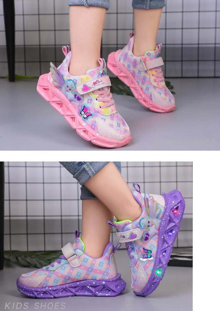 Disney Children's Sports Shoes Led Lights Sneaker Cartoon Frozen Princess  Elsa PU Leather Girls' Pink Children's Running Shoes.