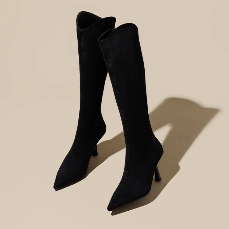 Vintage Pointed Toe Women Stretch Slim High Boots Fashion Back Zippers Shoes Autumn Winter High Heel Ladies Knight Long Booties