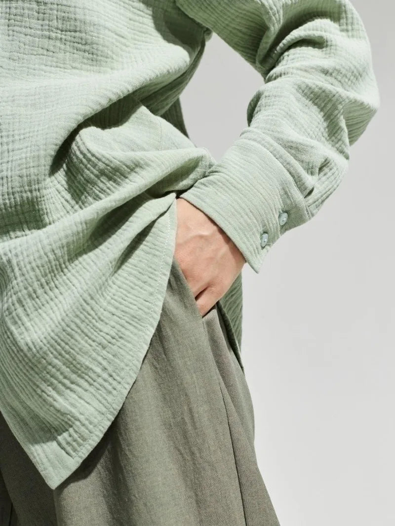 Muslin 100% Cotton Gauze Crepe For Women Shirts Blouse Turn Down Long Sleeve Single-Breasted Office Lady Loose Top Blusas Mujer