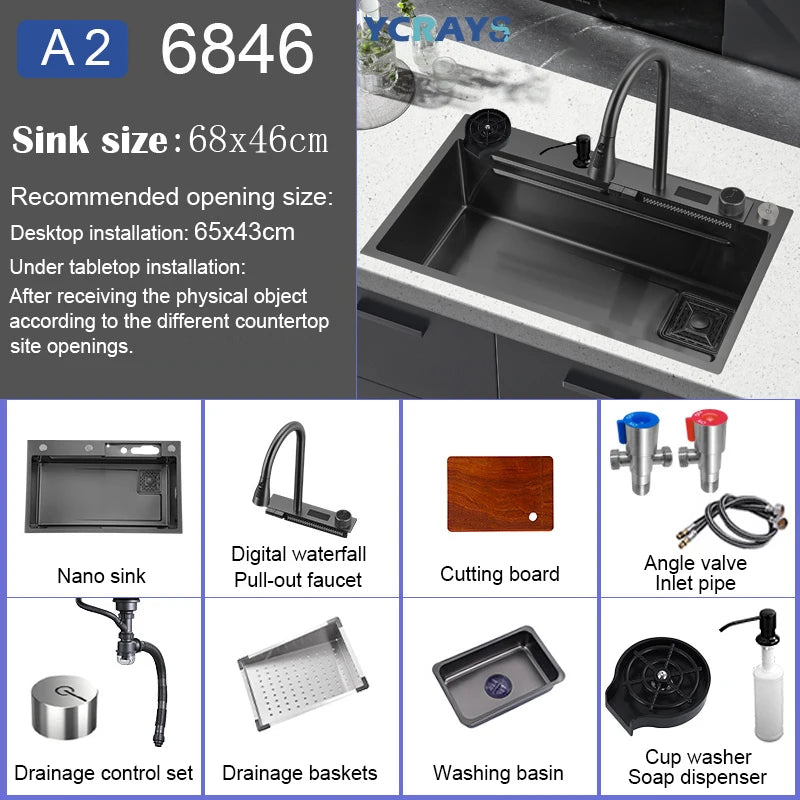 YCRAYS Digital Display Nano Kitchen Sink Large Single Bowl SUS304 Waterfall Faucet Cup Washer Purified Tap Soap Dispenser