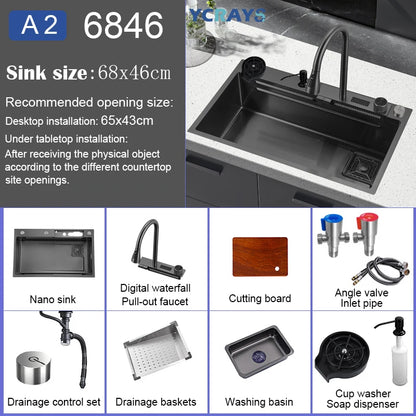 YCRAYS Digital Display Nano Kitchen Sink Large Single Bowl SUS304 Waterfall Faucet Cup Washer Purified Tap Soap Dispenser