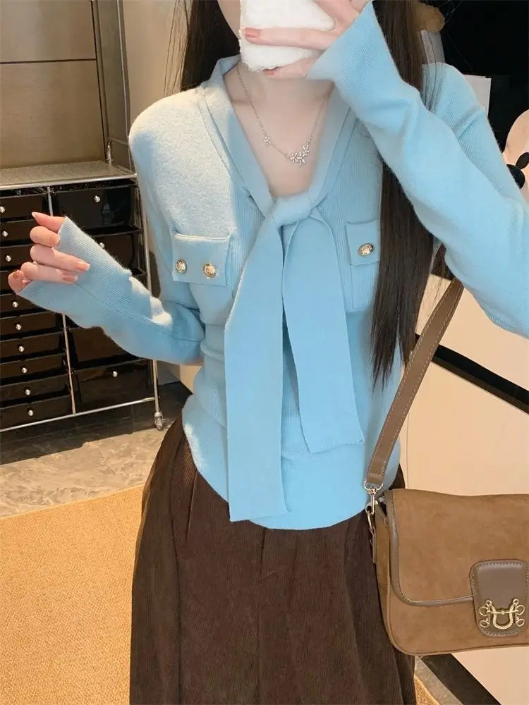 Frauen Frühling Herbst Einfachheit Büro Dame V-ausschnitt Einfarbig Langarm Strickwaren Damen Mode Alle-spiel Temperament Tops.