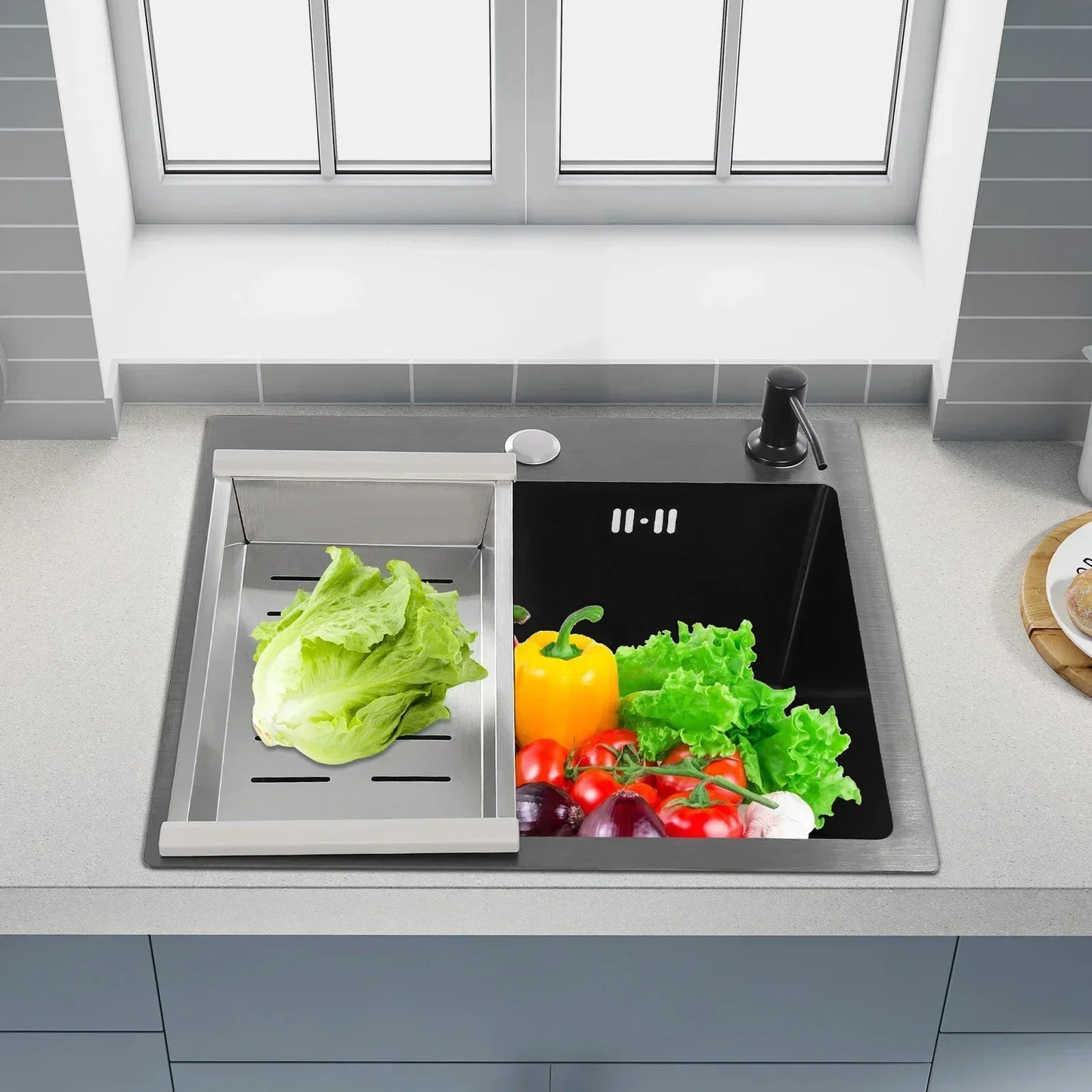 Küchenspüle aus Edelstahl 201 mit Wasserhahn, Seifenspender für Häuser, Restaurants, Wäschezimmer, Keller, 45 x 40 x 20 cm