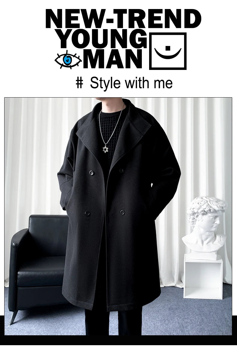 Korean Trend Men's Lapel coat Loose  Casual Double-breasted Overcoat Autumn Winter Fashion New Long Sleeve Woolen Coat.