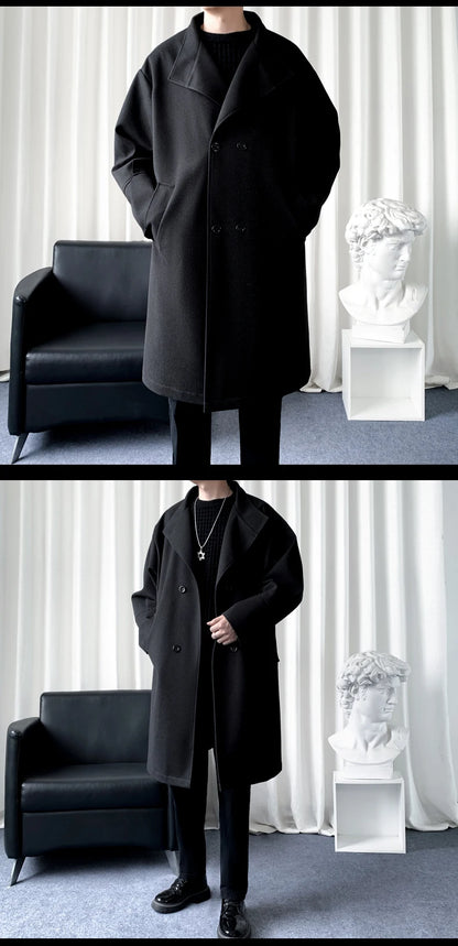 Korean Trend Men's Lapel coat Loose  Casual Double-breasted Overcoat Autumn Winter Fashion New Long Sleeve Woolen Coat.