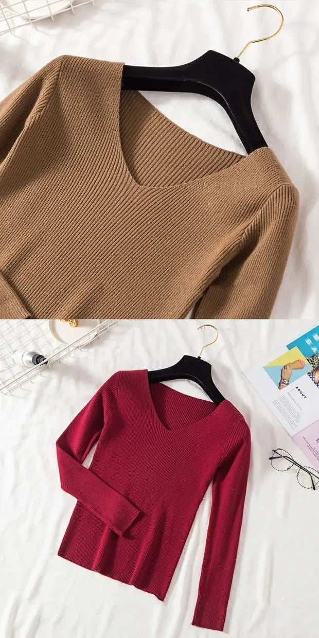 2025 mode V-ausschnitt Elastische Grundlegende Top Neue Frauen Pullover Herbst Winter Langarm Pullover Weibliche Winter Solide Strick Jumper.