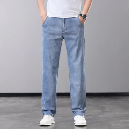 Summer Thin Men's Jeans Lyocell Fabric Soft Breathable Straight Denim Pants Brand Man Elastic Ice Silk Casual Trousers Grey Blue.