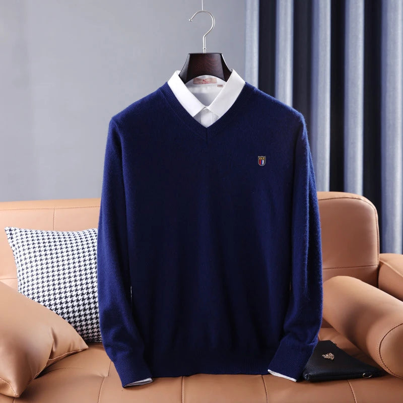 Soft Warm Pullover Cashmere Sweater Men's V Neck Thickened Classic Tops Autumn Winter New  Casual Solid Color Knitted Pullover.