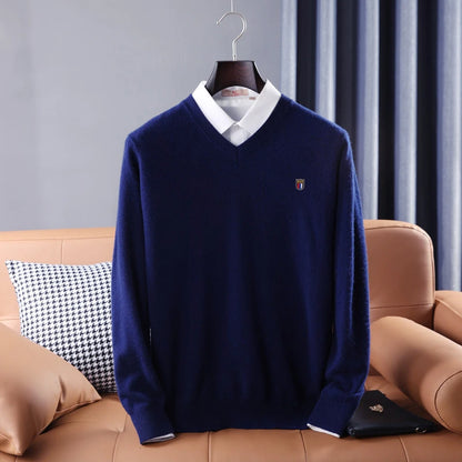 Soft Warm Pullover Cashmere Sweater Men's V Neck Thickened Classic Tops Autumn Winter New  Casual Solid Color Knitted Pullover.