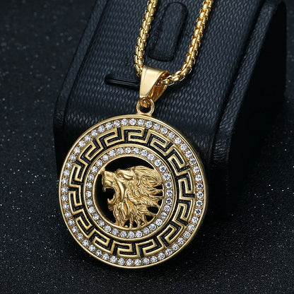 Hip Hop Lion Stainless Steel Gold Plated Zircon Lion Pendant Necklace Men's Pendant Gift Jewelry Stylish Round Accessories.